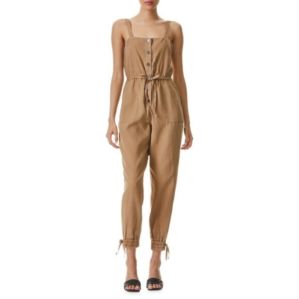 Alice + Olivia Tan Button Front‎ Drawstring Waist Jumpsuit with Tie Cuffs Size 0
